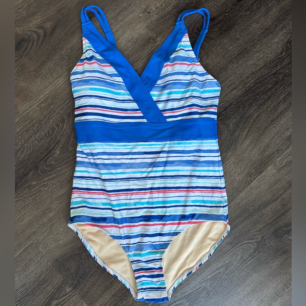 Talbots Blue and Cream Cabana Life Swimsuit. New.